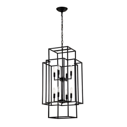 8-Light Metal Lantern Tiered Pendant Hanging Light Fixtures, Industrial Farmhouse Adjustable Height Chandeliers for Dining Room Hallway Foyer Entryway--Matte Black (E12 Bulbs Not Included)