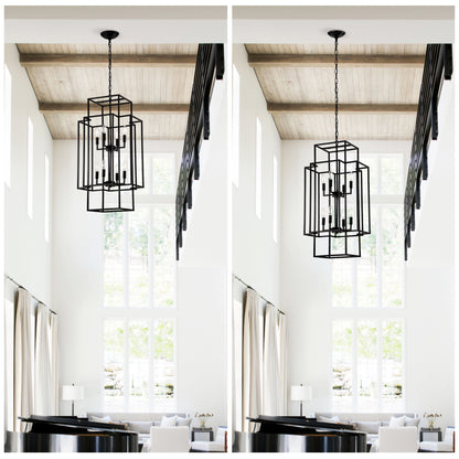 8-Light Metal Lantern Tiered Pendant Hanging Light Fixtures, Industrial Farmhouse Adjustable Height Chandeliers for Dining Room Hallway Foyer Entryway--Matte Black (E12 Bulbs Not Included)