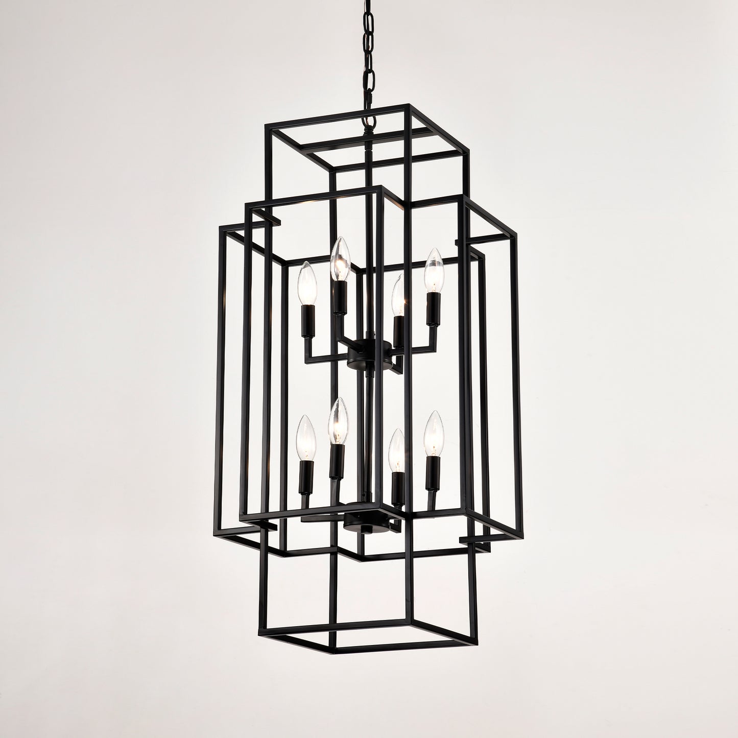 8-Light Metal Lantern Tiered Pendant Hanging Light Fixtures, Industrial Farmhouse Adjustable Height Chandeliers for Dining Room Hallway Foyer Entryway--Matte Black (E12 Bulbs Not Included)