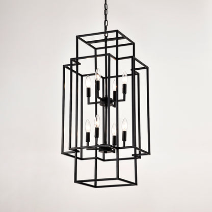 8-Light Metal Lantern Tiered Pendant Hanging Light Fixtures, Industrial Farmhouse Adjustable Height Chandeliers for Dining Room Hallway Foyer Entryway--Matte Black (E12 Bulbs Not Included)