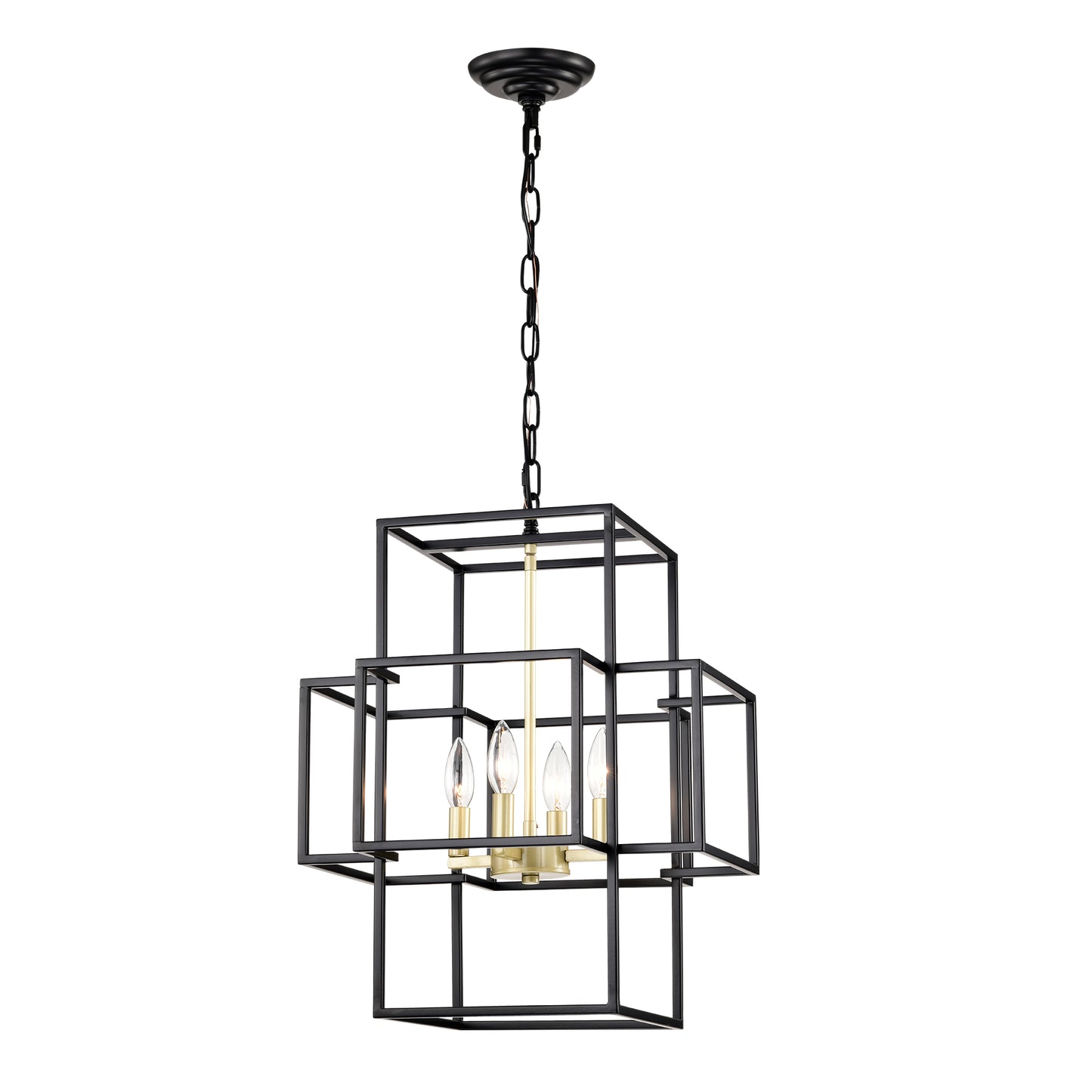4-Light Metal Lantern Tiered Pendant Hanging Light Fixtures, Industrial Farmhouse Adjustable Height Chandeliers for Dining Room Hallway Foyer Entryway--Matte Black & Gold (E12 Bulbs Not Included)
