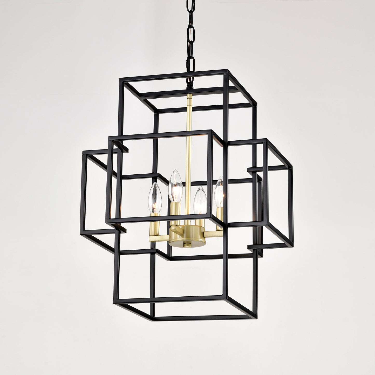 4-Light Metal Lantern Tiered Pendant Hanging Light Fixtures, Industrial Farmhouse Adjustable Height Chandeliers for Dining Room Hallway Foyer Entryway--Matte Black & Gold (E12 Bulbs Not Included)
