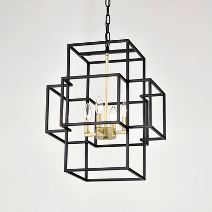 4-Light Metal Lantern Tiered Pendant Hanging Light Fixtures, Industrial Farmhouse Adjustable Height Chandeliers for Dining Room Hallway Foyer Entryway--Matte Black & Gold (E12 Bulbs Not Included)