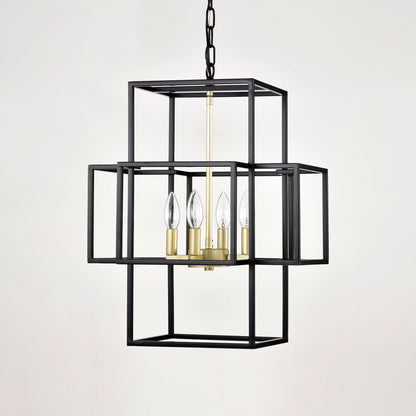 4-Light Metal Lantern Tiered Pendant Hanging Light Fixtures, Industrial Farmhouse Adjustable Height Chandeliers for Dining Room Hallway Foyer Entryway--Matte Black & Gold (E12 Bulbs Not Included)