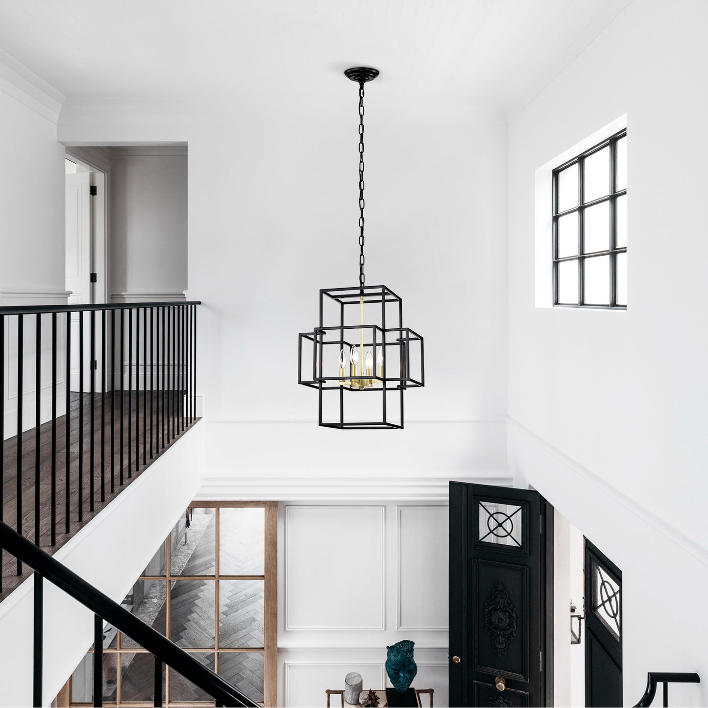 4-Light Metal Lantern Tiered Pendant Hanging Light Fixtures, Industrial Farmhouse Adjustable Height Chandeliers for Dining Room Hallway Foyer Entryway--Matte Black & Gold (E12 Bulbs Not Included)