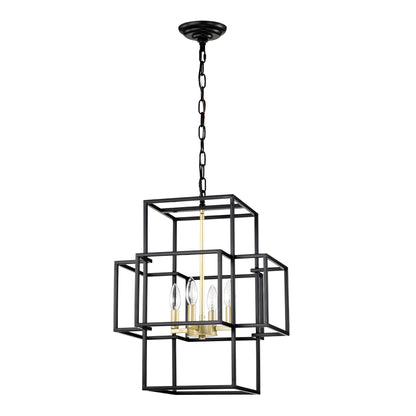 4-Light Metal Lantern Tiered Pendant Hanging Light Fixtures, Industrial Farmhouse Adjustable Height Chandeliers for Dining Room Hallway Foyer Entryway--Matte Black & Gold (E12 Bulbs Not Included)