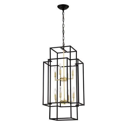 8-Light Metal Lantern Tiered Pendant Hanging Light Fixtures, Industrial Farmhouse Adjustable Height Chandeliers for Dining Room Hallway Foyer Entryway--Matte Black & Gold(E12 Bulbs Not Included)