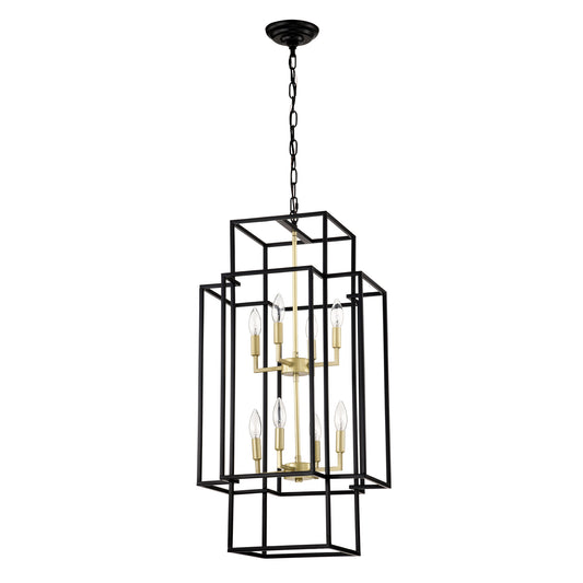 8-Light Metal Lantern Tiered Pendant Hanging Light Fixtures, Industrial Farmhouse Adjustable Height Chandeliers for Dining Room Hallway Foyer Entryway--Matte Black & Gold(E12 Bulbs Not Included)