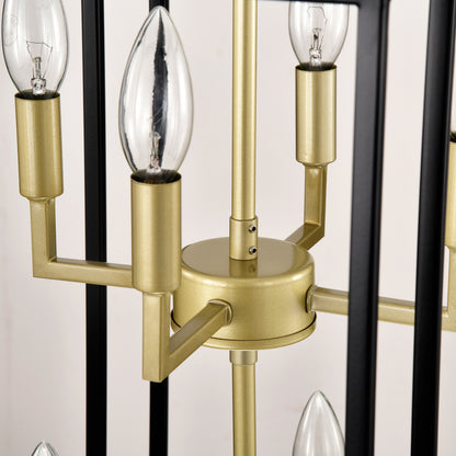 8-Light Metal Lantern Tiered Pendant Hanging Light Fixtures, Industrial Farmhouse Adjustable Height Chandeliers for Dining Room Hallway Foyer Entryway--Matte Black & Gold(E12 Bulbs Not Included)