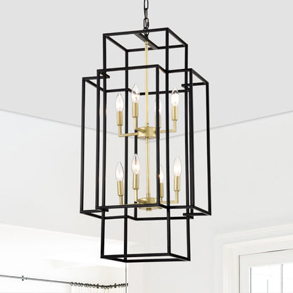 8-Light Metal Lantern Tiered Pendant Hanging Light Fixtures, Industrial Farmhouse Adjustable Height Chandeliers for Dining Room Hallway Foyer Entryway--Matte Black & Gold(E12 Bulbs Not Included)