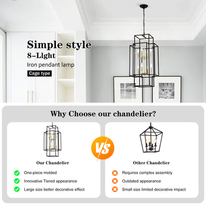 8-Light Metal Lantern Tiered Pendant Hanging Light Fixtures, Industrial Farmhouse Adjustable Height Chandeliers for Dining Room Hallway Foyer Entryway--Matte Black & Gold(E12 Bulbs Not Included)