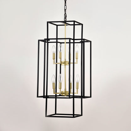 8-Light Metal Lantern Tiered Pendant Hanging Light Fixtures, Industrial Farmhouse Adjustable Height Chandeliers for Dining Room Hallway Foyer Entryway--Matte Black & Gold(E12 Bulbs Not Included)