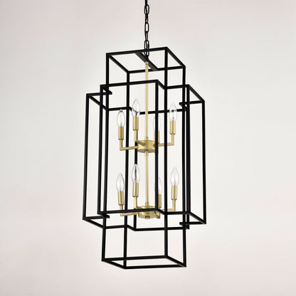 8-Light Metal Lantern Tiered Pendant Hanging Light Fixtures, Industrial Farmhouse Adjustable Height Chandeliers for Dining Room Hallway Foyer Entryway--Matte Black & Gold(E12 Bulbs Not Included)