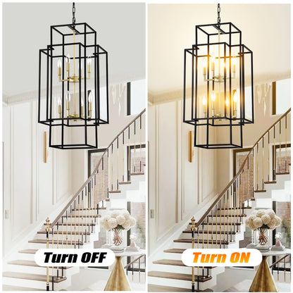 8-Light Metal Lantern Tiered Pendant Hanging Light Fixtures, Industrial Farmhouse Adjustable Height Chandeliers for Dining Room Hallway Foyer Entryway--Matte Black & Gold(E12 Bulbs Not Included)