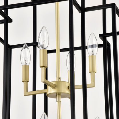 8-Light Metal Lantern Tiered Pendant Hanging Light Fixtures, Industrial Farmhouse Adjustable Height Chandeliers for Dining Room Hallway Foyer Entryway--Matte Black & Gold(E12 Bulbs Not Included)