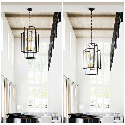 8-Light Metal Lantern Tiered Pendant Hanging Light Fixtures, Industrial Farmhouse Adjustable Height Chandeliers for Dining Room Hallway Foyer Entryway--Matte Black & Gold(E12 Bulbs Not Included)