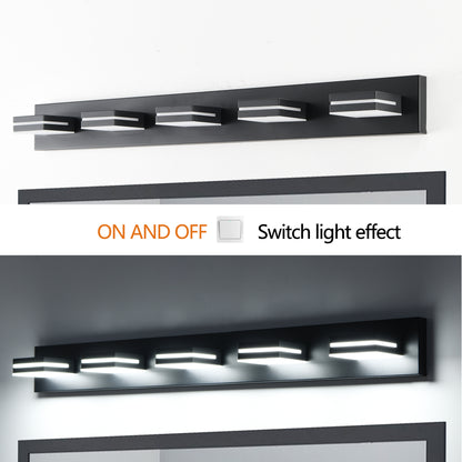 Modern Black LED Vanity Light, 5-Lights Wall Sconce for Bathroom and Mirror, Sleek Minimalist Design, Energy-Efficient, Easy to Install