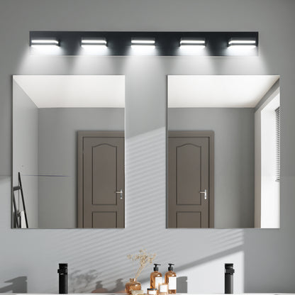 Modern Black LED Vanity Light, 5-Lights Wall Sconce for Bathroom and Mirror, Sleek Minimalist Design, Energy-Efficient, Easy to Install