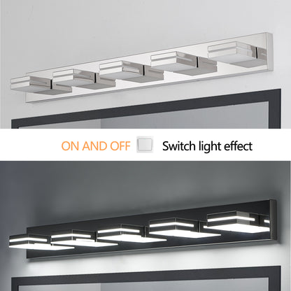 Modern Chrome LED Vanity Light, 5-Lights Wall Sconce for Bathroom and Mirror, Sleek Minimalist Design, Energy-Efficient, Easy to Install