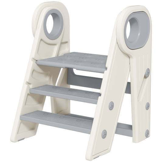 Qaba Toddler Tower, Foldable Kitchen Stool Helper for Kids, Adjustable 3 Step Stool with Handles, Non-Slip, Toddler Helper Tower for Bathroom, Sink, Kitchen, Counter, Toilet Potty Training, Gray