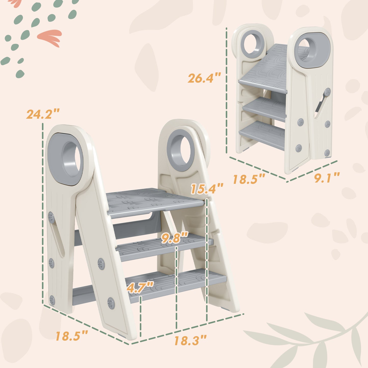 Qaba Toddler Tower, Foldable Kitchen Stool Helper for Kids, Adjustable 3 Step Stool with Handles, Non-Slip, Toddler Helper Tower for Bathroom, Sink, Kitchen, Counter, Toilet Potty Training, Gray