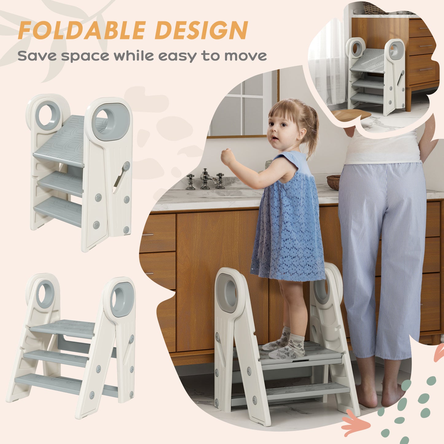 Qaba Toddler Tower, Foldable Kitchen Stool Helper for Kids, Adjustable 3 Step Stool with Handles, Non-Slip, Toddler Helper Tower for Bathroom, Sink, Kitchen, Counter, Toilet Potty Training, Gray