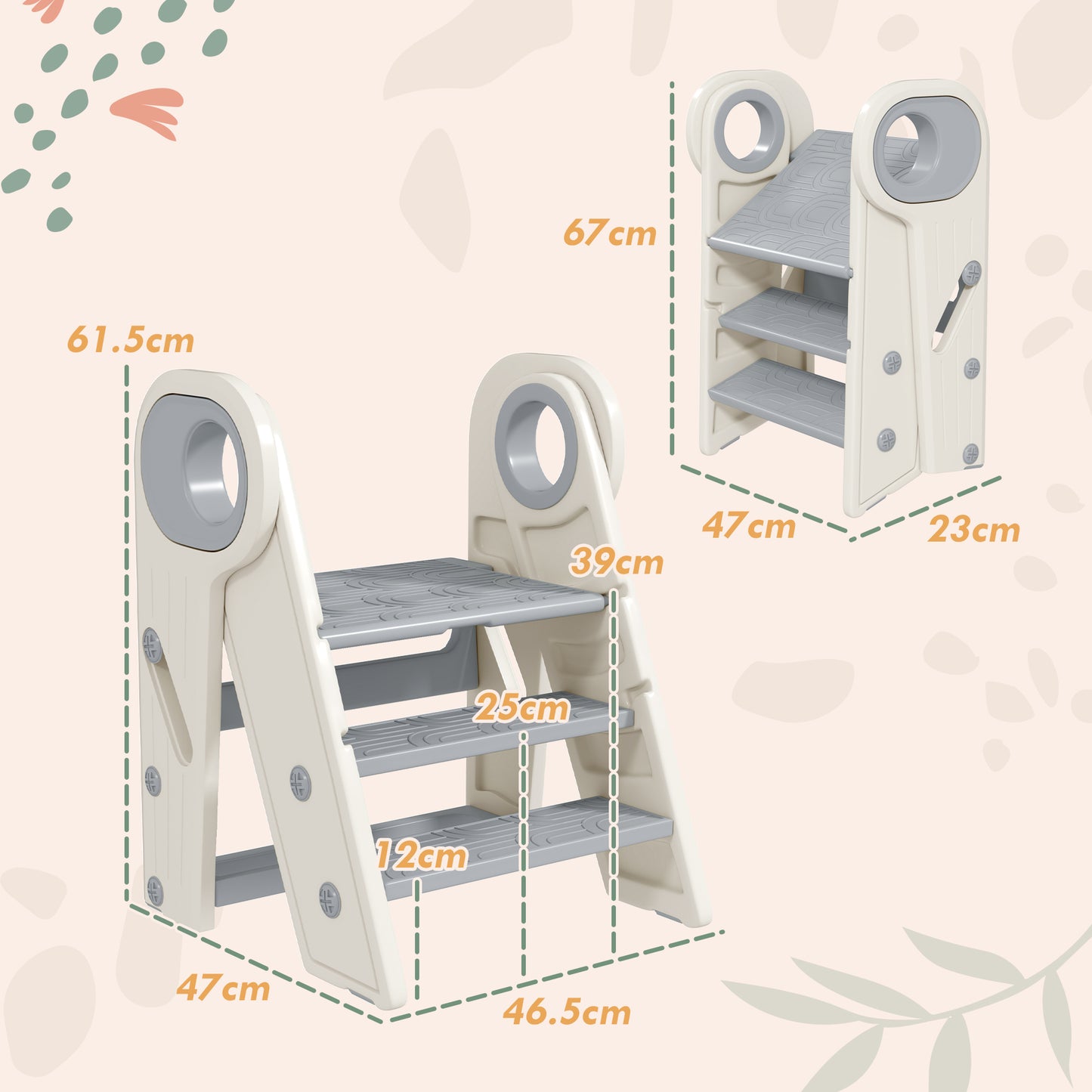 Qaba Toddler Tower, Foldable Kitchen Stool Helper for Kids, Adjustable 3 Step Stool with Handles, Non-Slip, Toddler Helper Tower for Bathroom, Sink, Kitchen, Counter, Toilet Potty Training, Gray