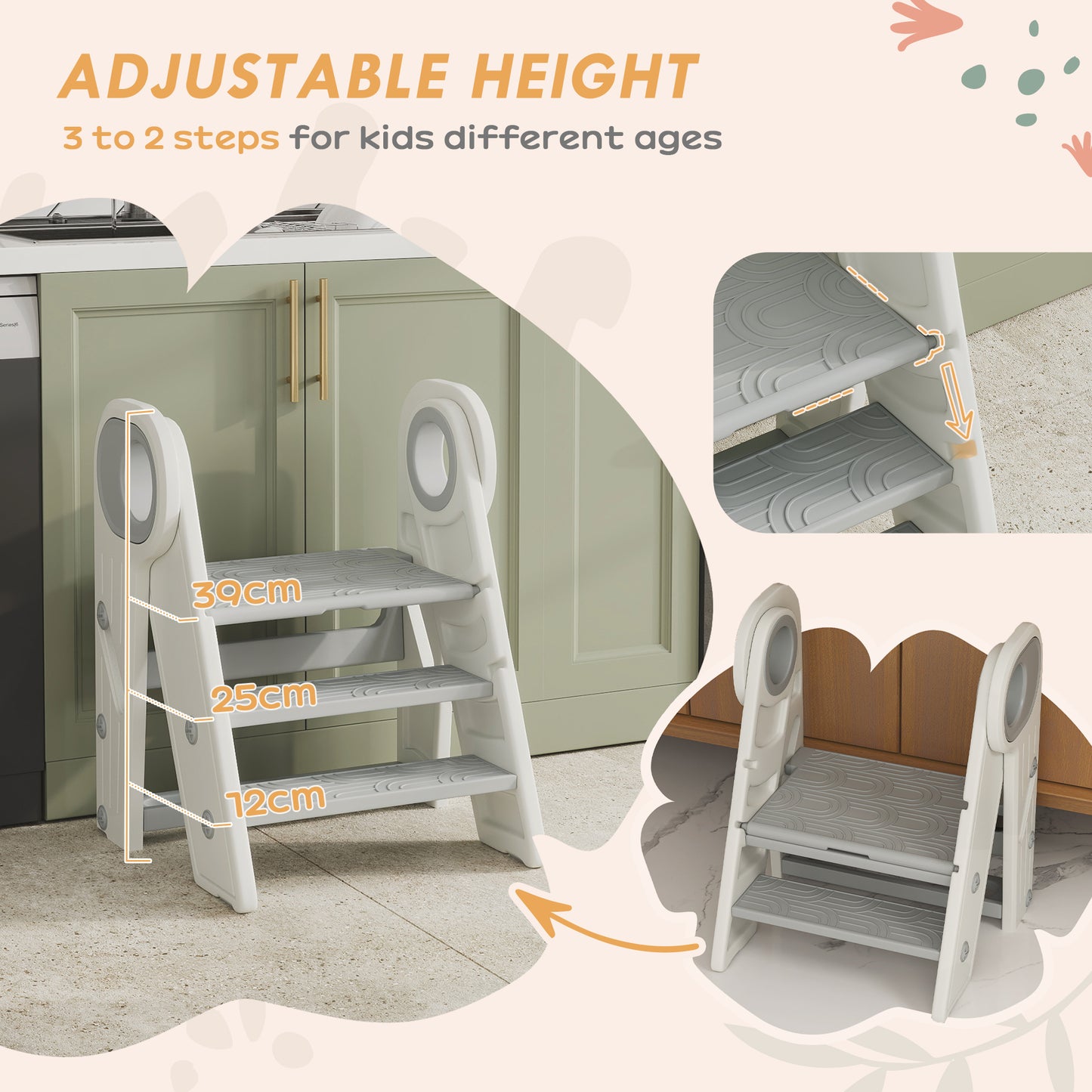 Qaba Toddler Tower, Foldable Kitchen Stool Helper for Kids, Adjustable 3 Step Stool with Handles, Non-Slip, Toddler Helper Tower for Bathroom, Sink, Kitchen, Counter, Toilet Potty Training, Gray