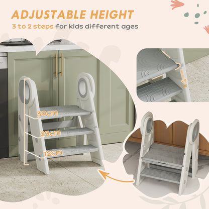 Qaba Toddler Tower, Foldable Kitchen Stool Helper for Kids, Adjustable 3 Step Stool with Handles, Non-Slip, Toddler Helper Tower for Bathroom, Sink, Kitchen, Counter, Toilet Potty Training, Gray