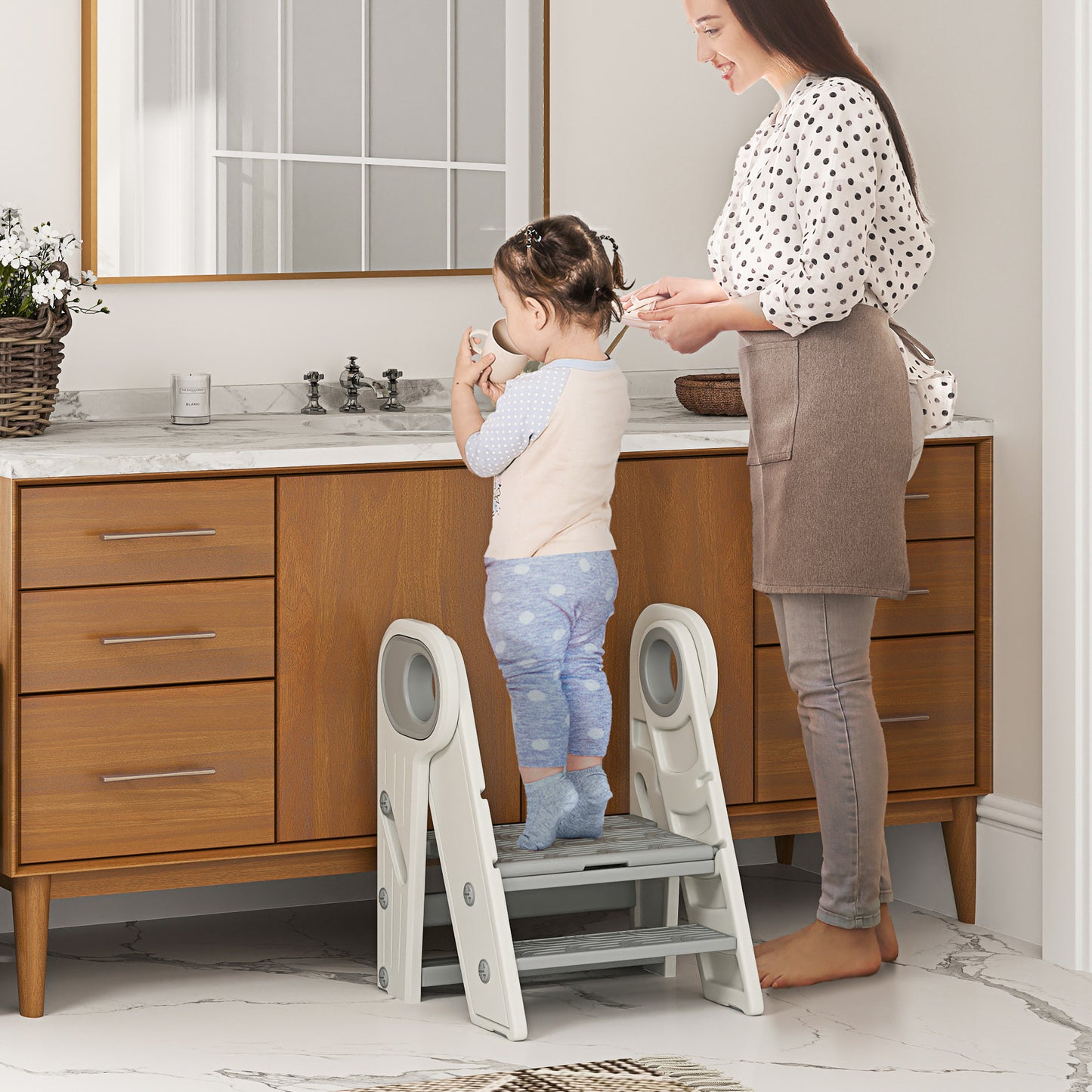 Qaba Toddler Tower, Foldable Kitchen Stool Helper for Kids, Adjustable 3 Step Stool with Handles, Non-Slip, Toddler Helper Tower for Bathroom, Sink, Kitchen, Counter, Toilet Potty Training, Gray