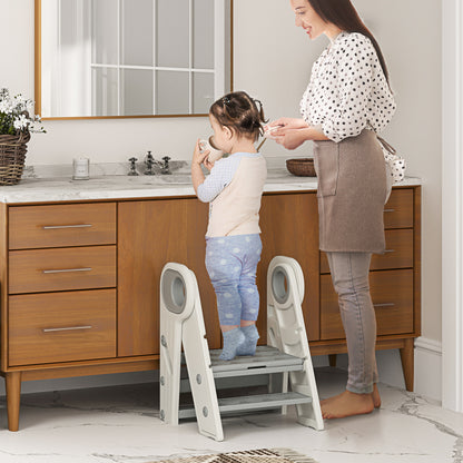 Qaba Toddler Tower, Foldable Kitchen Stool Helper for Kids, Adjustable 3 Step Stool with Handles, Non-Slip, Toddler Helper Tower for Bathroom, Sink, Kitchen, Counter, Toilet Potty Training, Gray