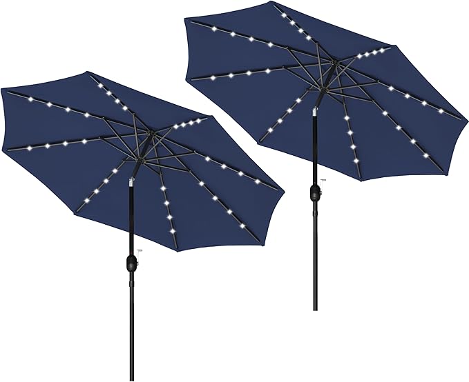 9' Solar Umbrella 32 LED Lighted Patio Umbrella Table Market Umbrella with Push Button Tilt/Crank Outdoor Umbrella for Garden, Deck, Backyard and Pool