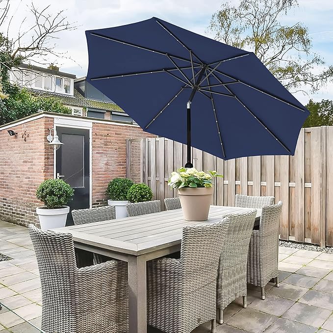 9' Solar Umbrella 32 LED Lighted Patio Umbrella Table Market Umbrella with Push Button Tilt/Crank Outdoor Umbrella for Garden, Deck, Backyard and Pool