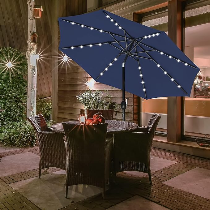 9' Solar Umbrella 32 LED Lighted Patio Umbrella Table Market Umbrella with Push Button Tilt/Crank Outdoor Umbrella for Garden, Deck, Backyard and Pool