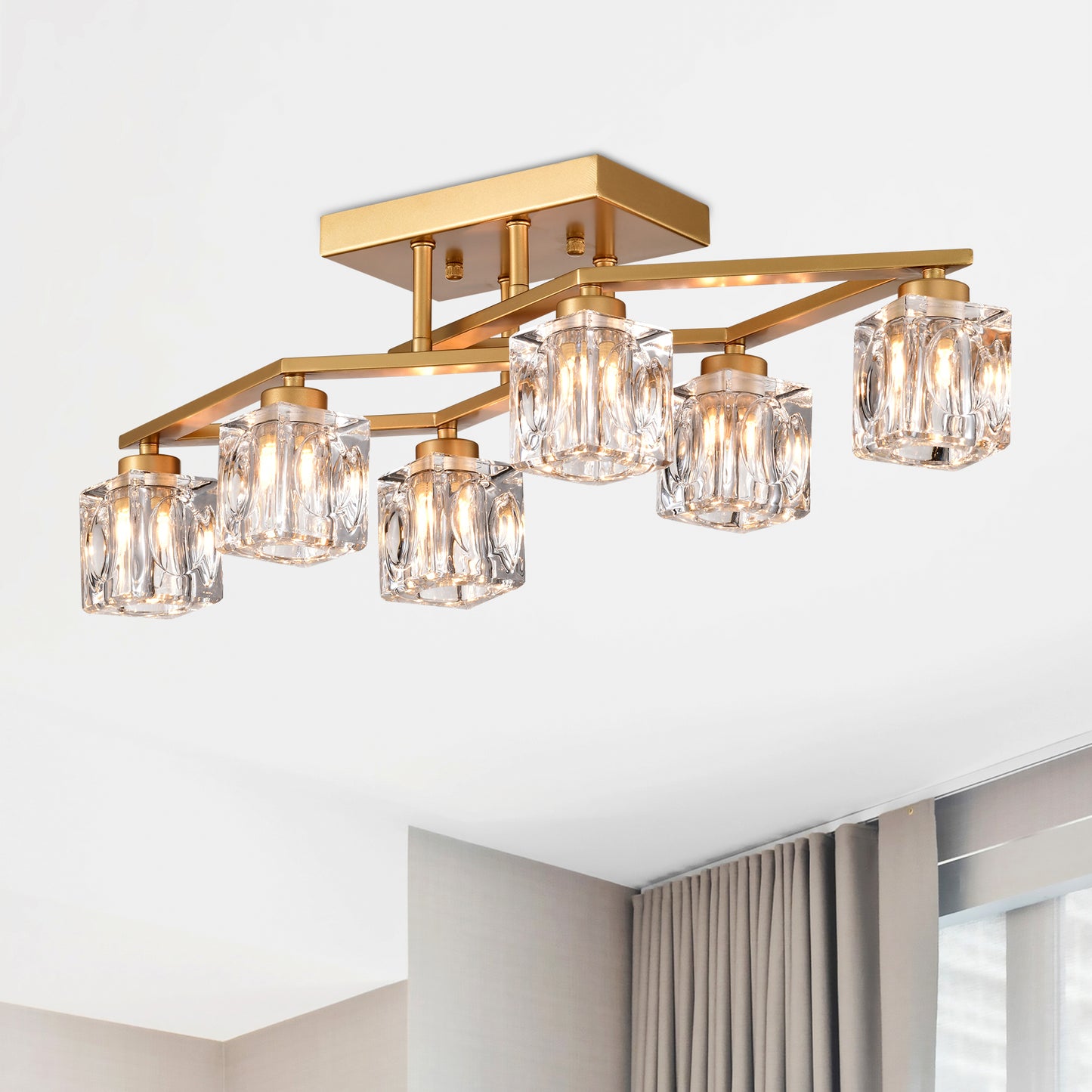 6-Light Crystal Ceiling Light for Dining Room, Modern Ceiling Lamp with Light Fixture For Entryway, Lobby, Kitchen, Bedroom, Living Room, Conference Room, (6*G9 Bulbs Included)--Gold