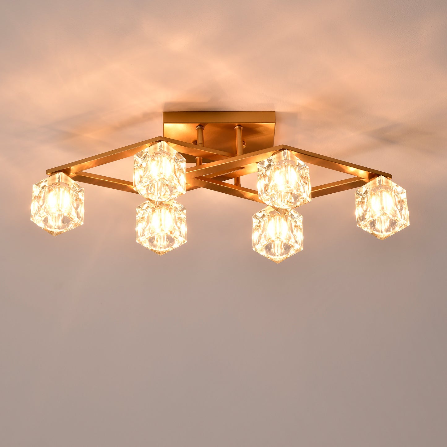 6-Light Crystal Ceiling Light for Dining Room, Modern Ceiling Lamp with Light Fixture For Entryway, Lobby, Kitchen, Bedroom, Living Room, Conference Room, (6*G9 Bulbs Included)--Gold