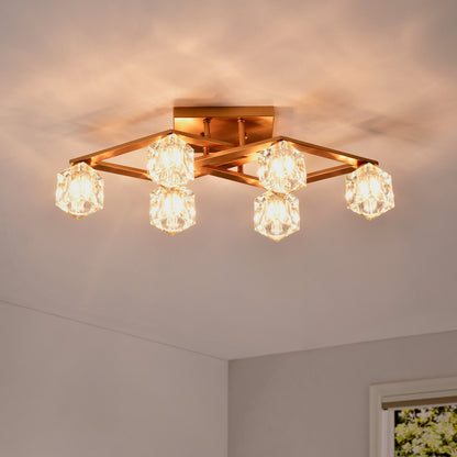6-Light Crystal Ceiling Light for Dining Room, Modern Ceiling Lamp with Light Fixture For Entryway, Lobby, Kitchen, Bedroom, Living Room, Conference Room, (6*G9 Bulbs Included)--Gold