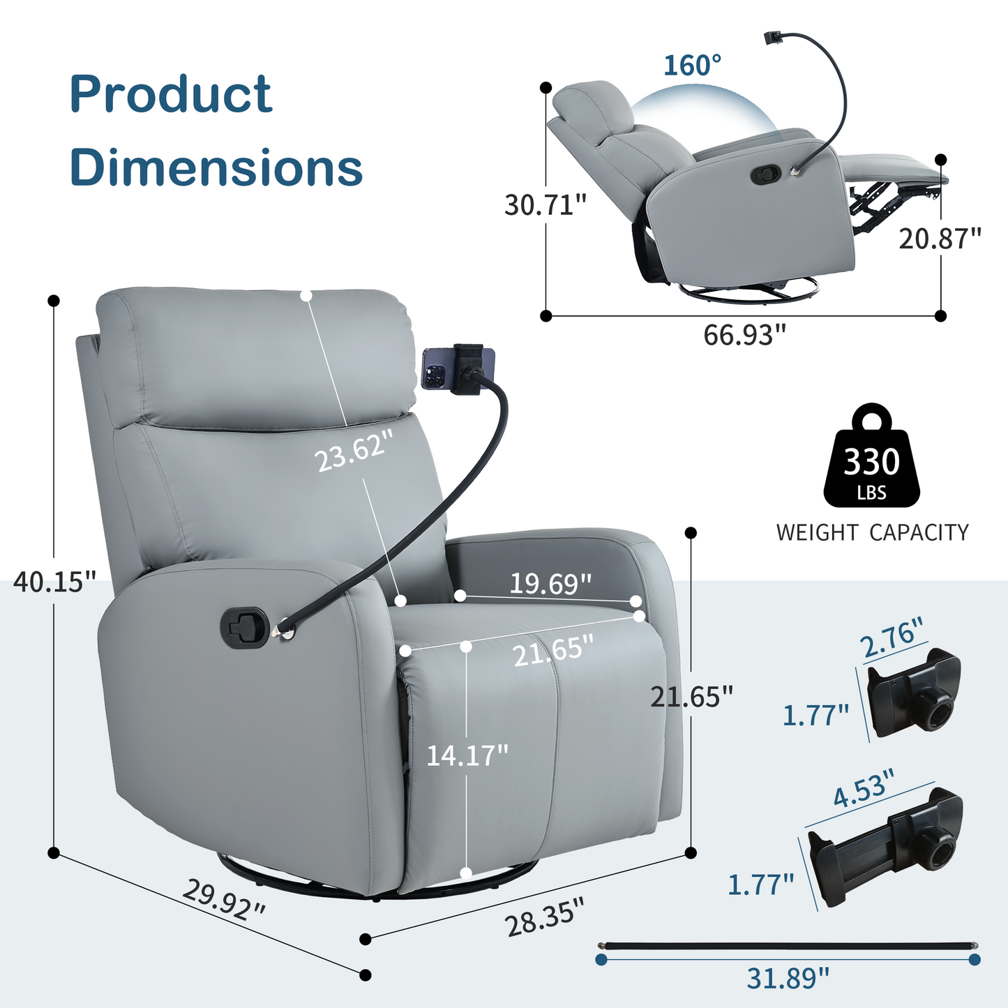 Swivel Rocker Recliner Chair,360 Degree Nursery Rocking Chair,Glider Chair,Modern Small Rocking Swivel Recliner Chair for Bedroom,Living Room Chair Home Theater Seat,Phone Holder(Blue-gray)