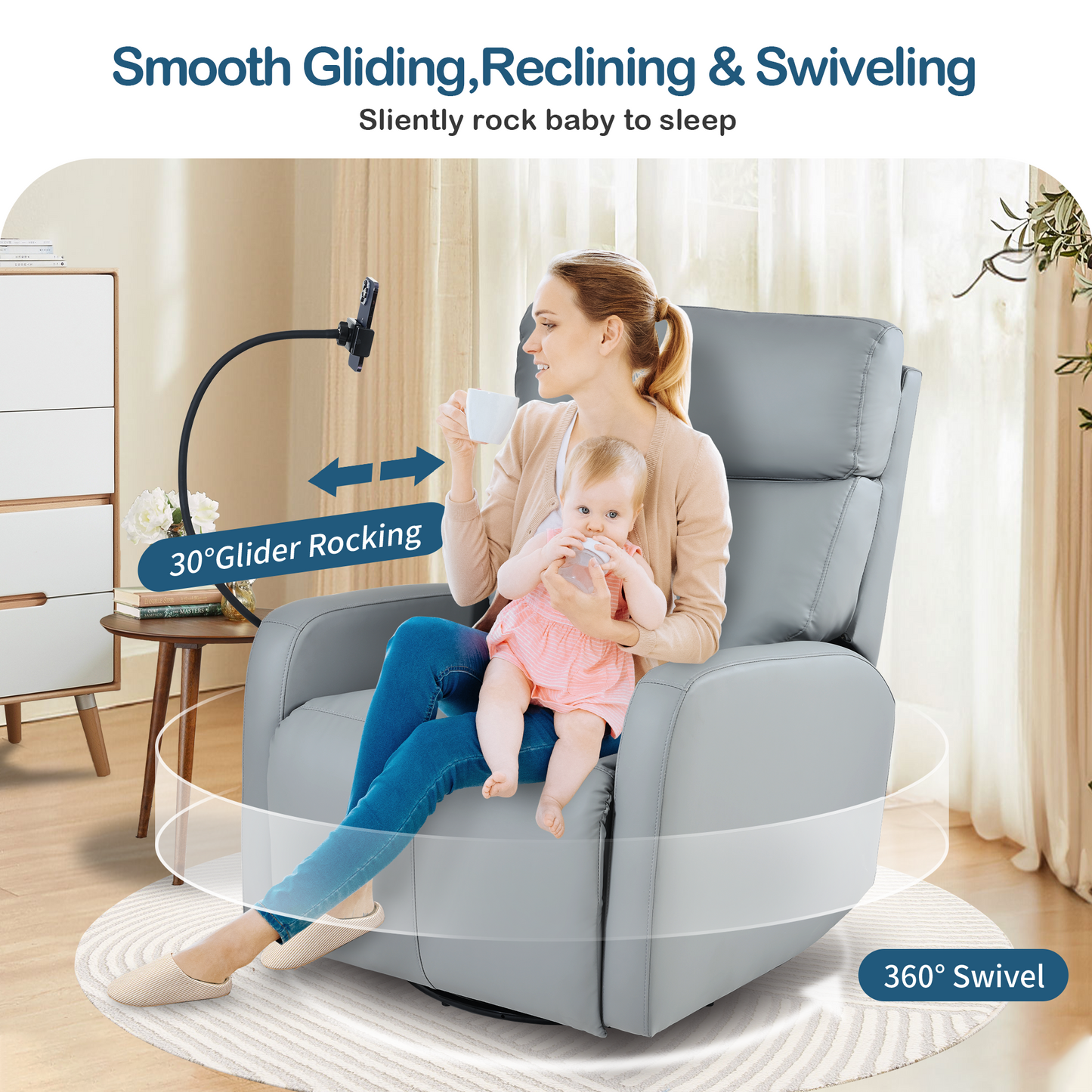 Swivel Rocker Recliner Chair,360 Degree Nursery Rocking Chair,Glider Chair,Modern Small Rocking Swivel Recliner Chair for Bedroom,Living Room Chair Home Theater Seat,Phone Holder(Blue-gray)