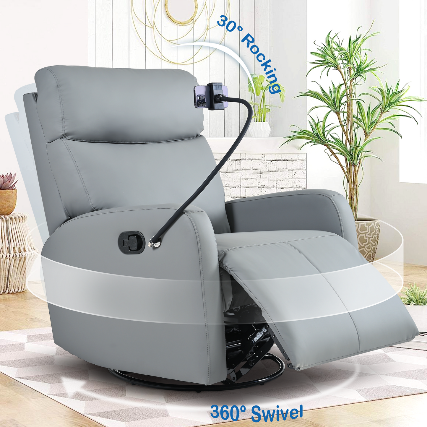 Swivel Rocker Recliner Chair,360 Degree Nursery Rocking Chair,Glider Chair,Modern Small Rocking Swivel Recliner Chair for Bedroom,Living Room Chair Home Theater Seat,Phone Holder(Blue-gray)