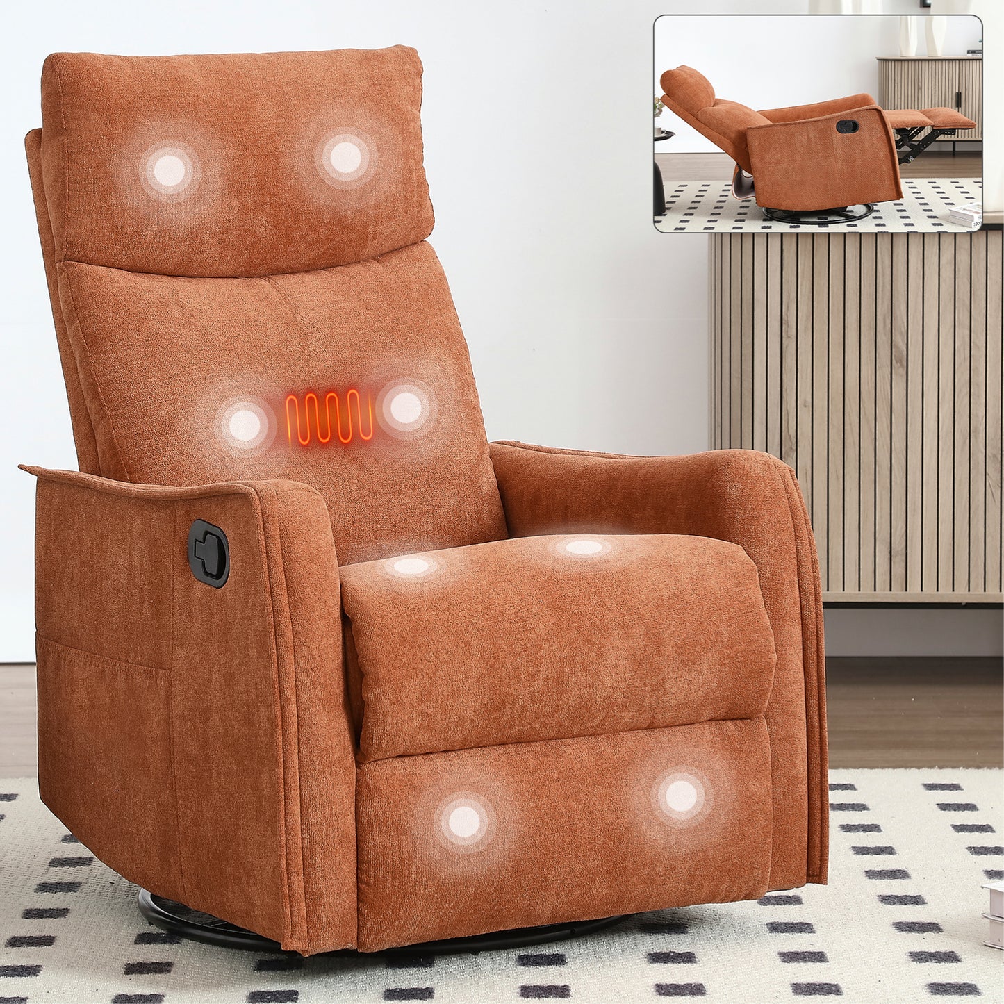 Heat Massage Manual Recliner Chair with Rocker and Swivel in Fabric for Living Room, Orange