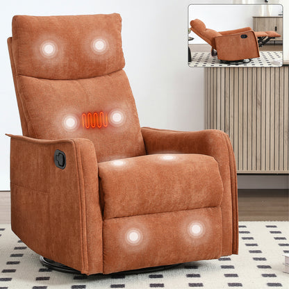 Heat Massage Manual Recliner Chair with Rocker and Swivel in Fabric for Living Room, Orange
