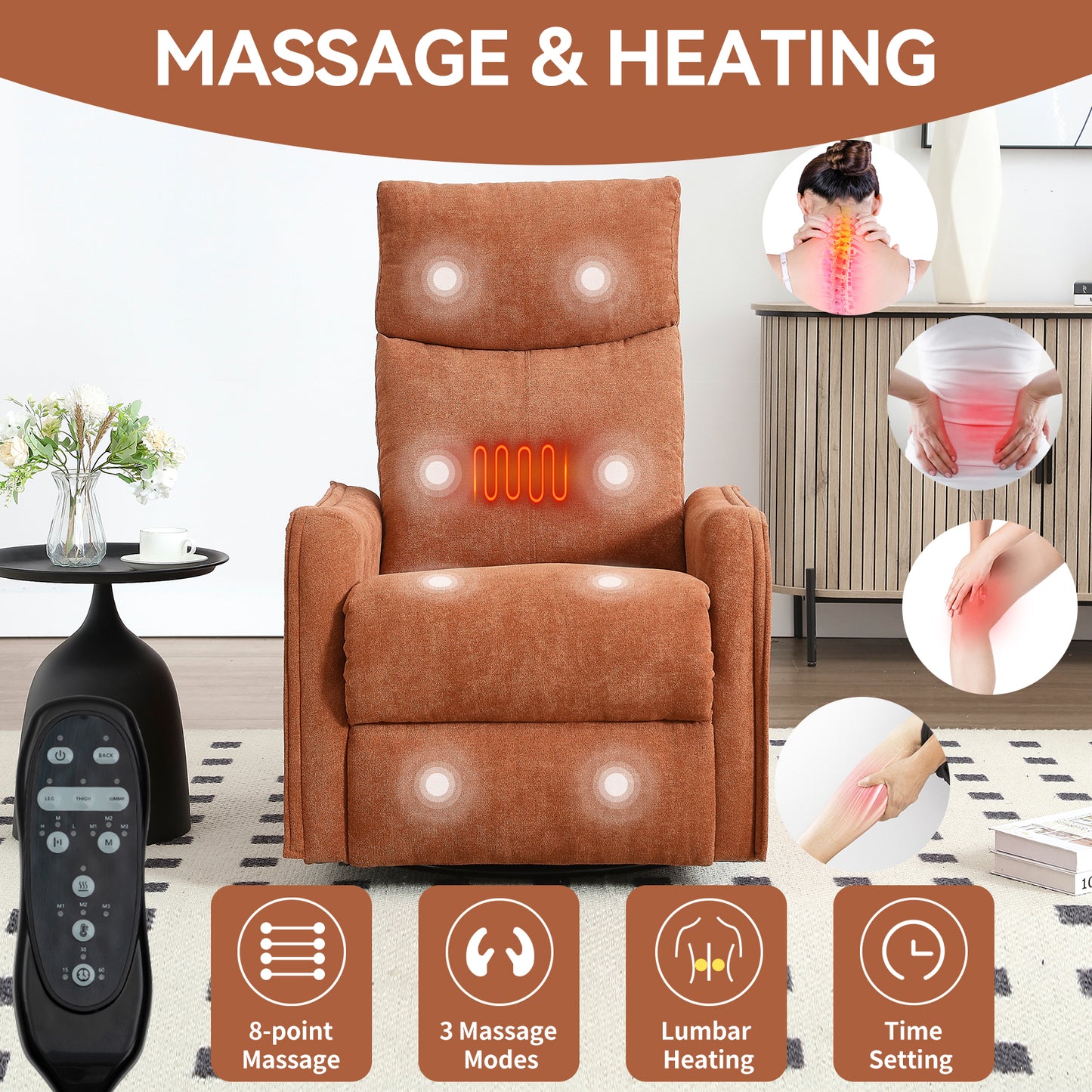 Heat Massage Manual Recliner Chair with Rocker and Swivel in Fabric for Living Room, Orange