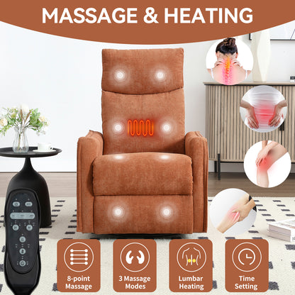 Heat Massage Manual Recliner Chair with Rocker and Swivel in Fabric for Living Room, Orange