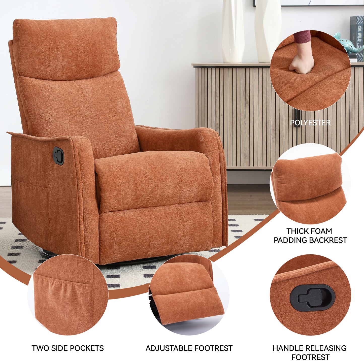 Heat Massage Manual Recliner Chair with Rocker and Swivel in Fabric for Living Room, Orange