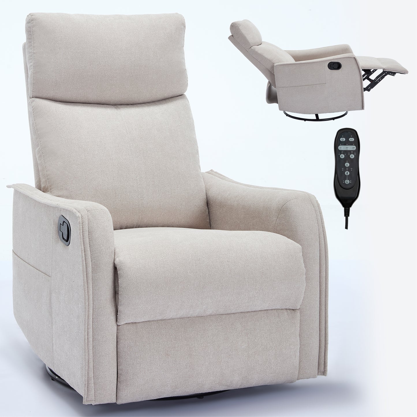 Heat Massage Manual Recliner Chair with Rocker and Swivel in Fabric for Living Room, Beige