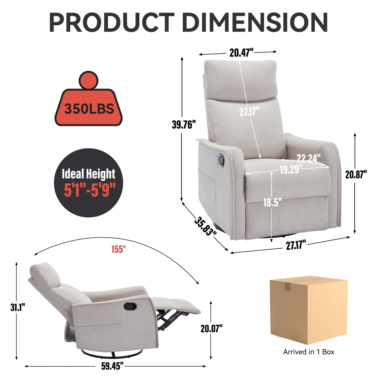 Heat Massage Manual Recliner Chair with Rocker and Swivel in Fabric for Living Room, Beige