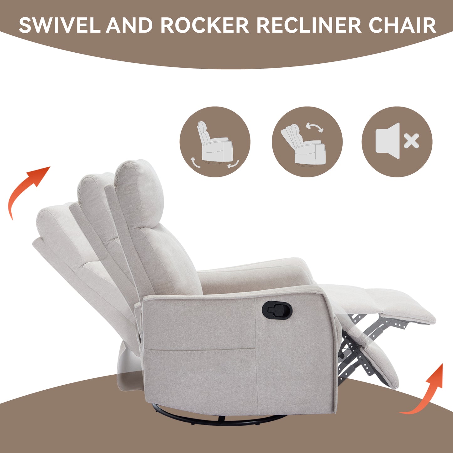 Heat Massage Manual Recliner Chair with Rocker and Swivel in Fabric for Living Room, Beige