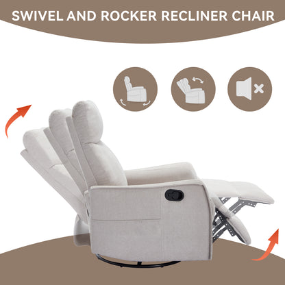 Heat Massage Manual Recliner Chair with Rocker and Swivel in Fabric for Living Room, Beige