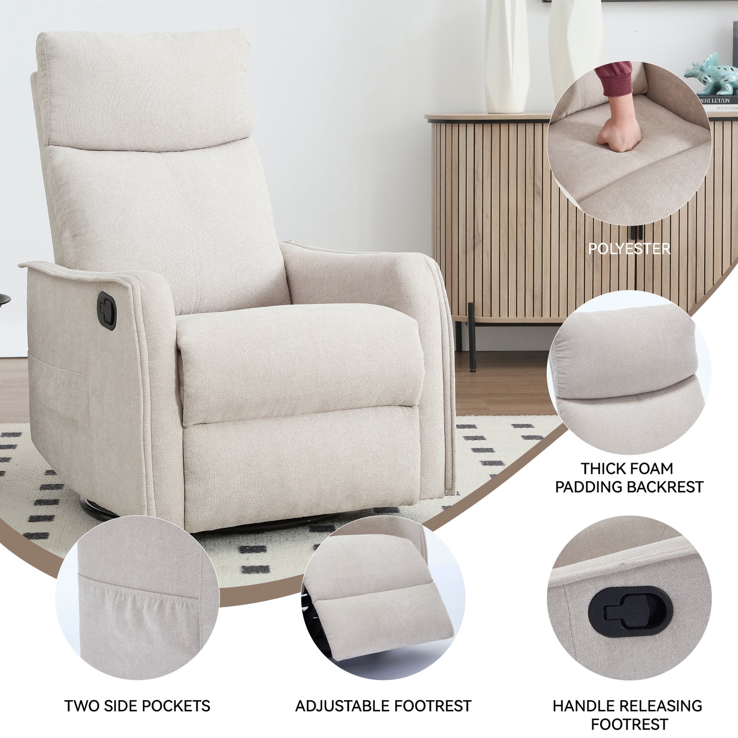 Heat Massage Manual Recliner Chair with Rocker and Swivel in Fabric for Living Room, Beige
